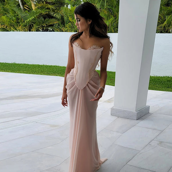 Luxury Pink Handmade Chiffon Mermaid Evening Gown Corset LA72946