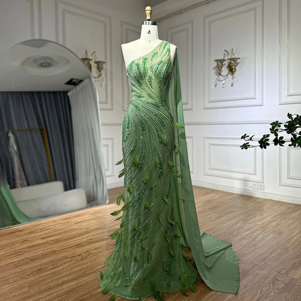 Green One-Shoulder Beaded Feathers Evening Gown with Side Cape Shawl LA72698