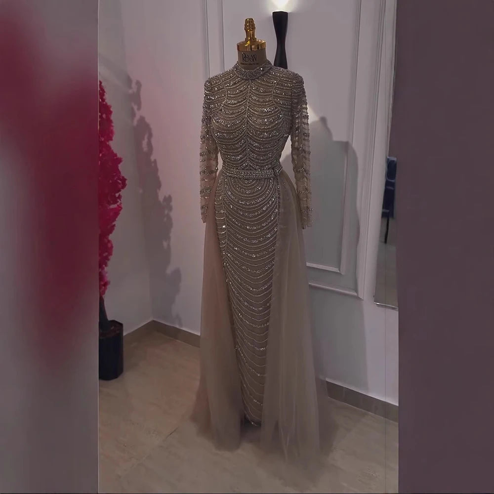 Luxury Caramel Beaded Mermaid Evening Dress with Overskirt LA72362A - SERENE HILL