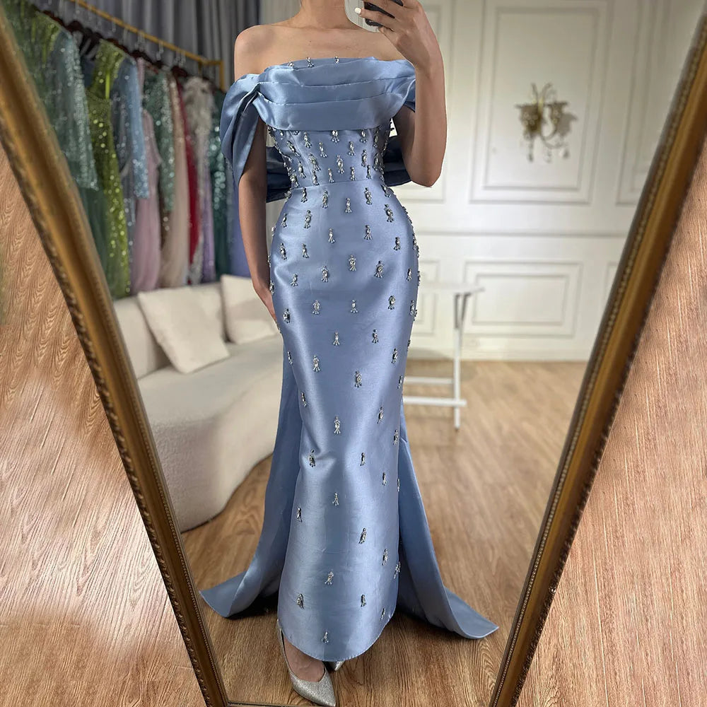 Serene Hill 2025 Arabic Blue Beaded Crystal Ankle-Length Mermaid Satin Evening Dresses Gowns for Women Wedding Party LA72414A - SERENE HILL