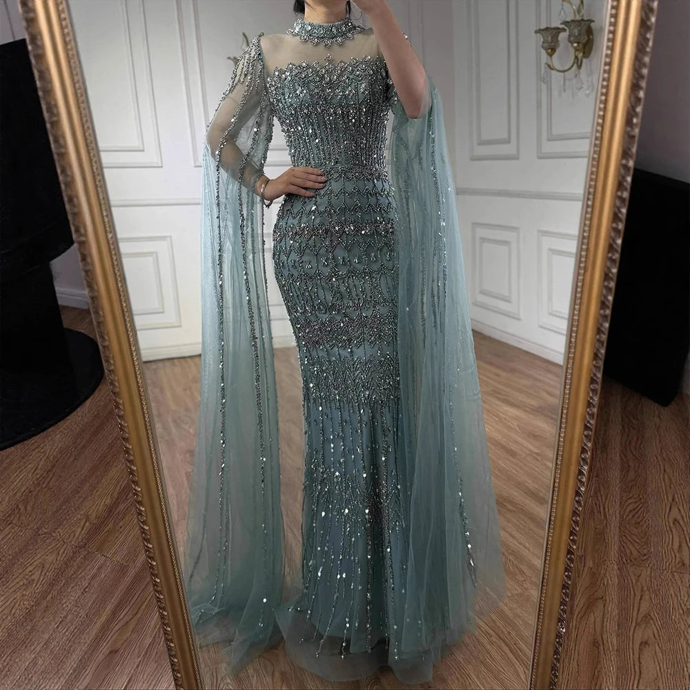 Luxury Nude Beaded Evening Dress with Long Cape Sleeves LA72714A - SERENE HILL