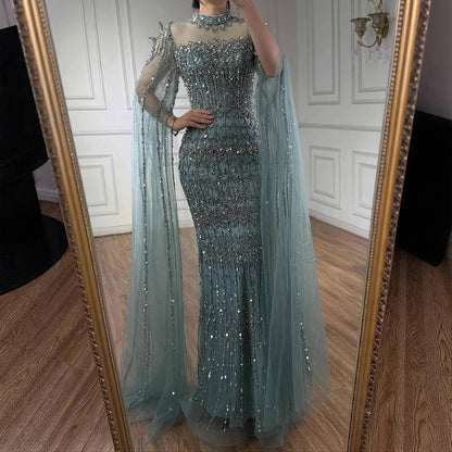 Luxury Nude Beaded Evening Dress with Long Cape Sleeves LA72714A - SERENE HILL