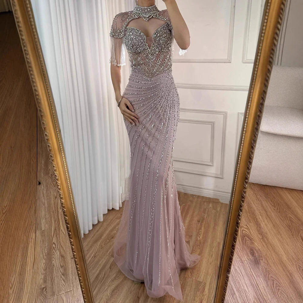 Luxury Pink Beaded Tassel Mermaid Evening Dress Long Gown LA73184 - SERENE HILL
