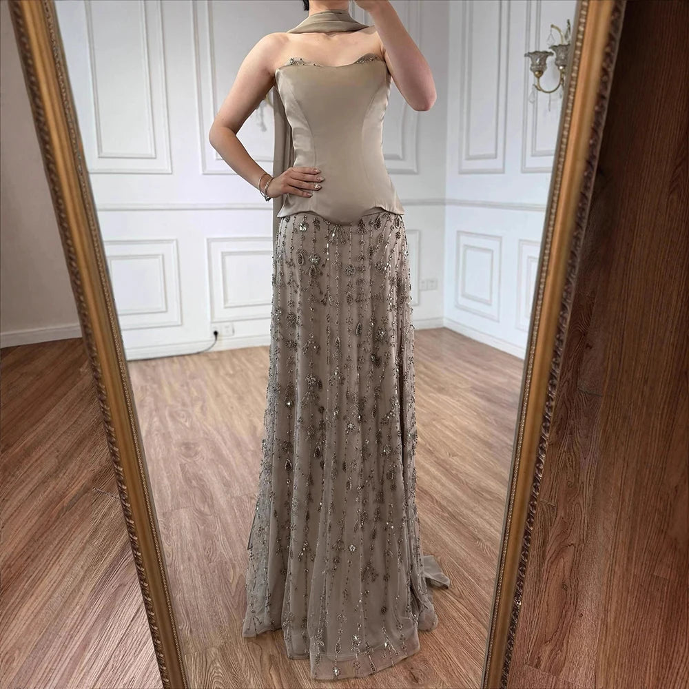 Luxury Sage Green and Pink Arabic Beaded Evening Dress LA72805D - SERENE HILL
