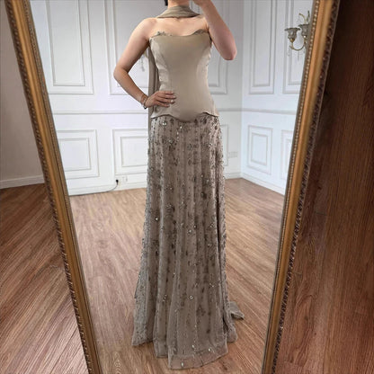 Luxury Sage Green and Pink Arabic Beaded Evening Dress LA72805D - SERENE HILL