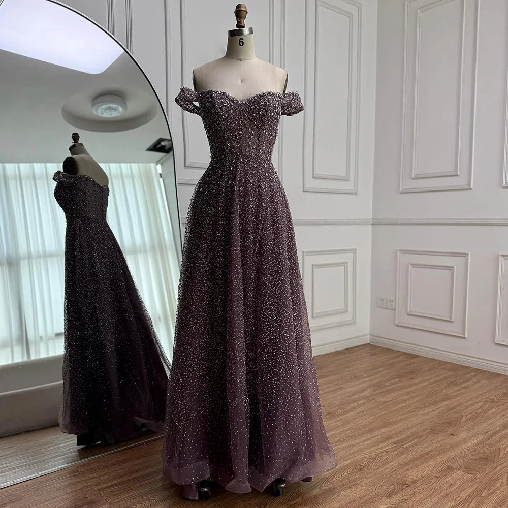 Caramel Off Shoulder A-Line Arabic Evening Dress LA72147B - SERENE HILL