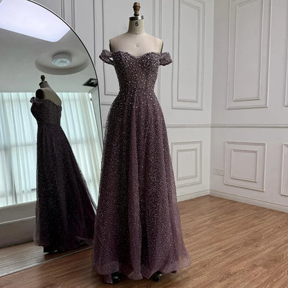 Caramel Off Shoulder A-Line Arabic Evening Dress LA72147B - SERENE HILL