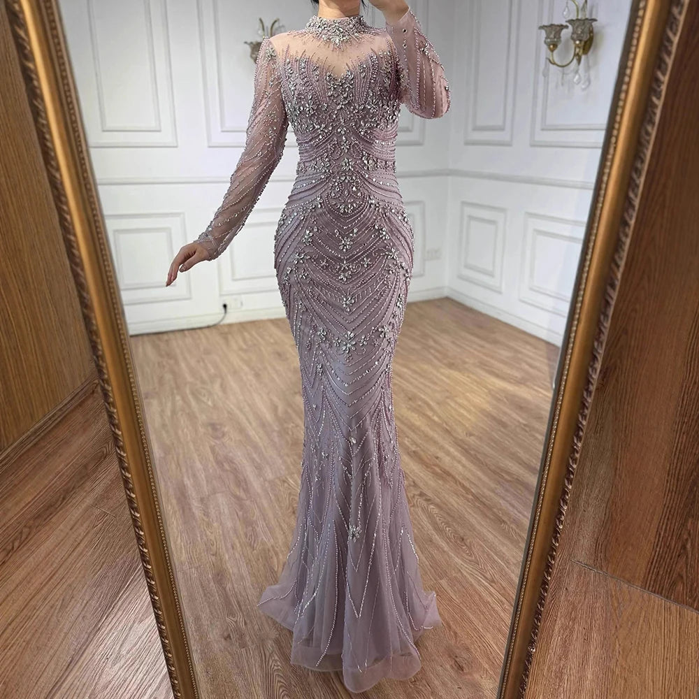 Luxury Pink Beaded Mermaid Evening Dress Long Sleeve LA73158 - SERENE HILL