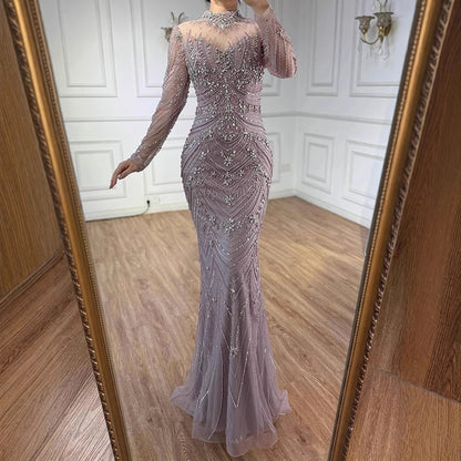 Luxury Pink Beaded Mermaid Evening Dress Long Sleeve LA73158 - SERENE HILL