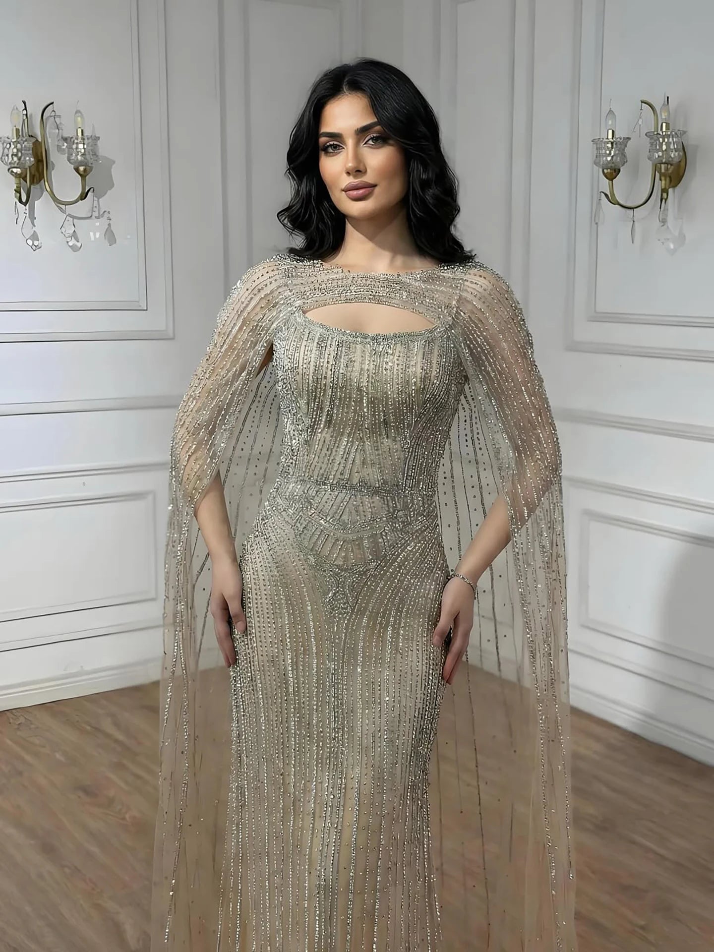 Luxury Blue Diamond Evening Dress With Cape LA73426 - SERENE HILL