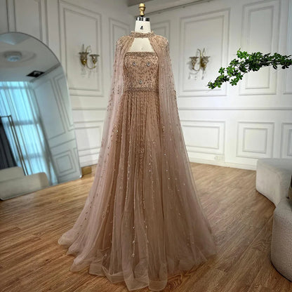 Luxury Arabic Nude Square Neck Beaded A-Line Evening Dress With Cape LA72835 - SERENE HILL