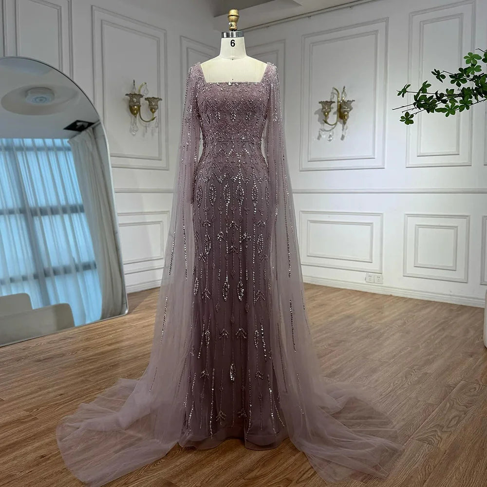 Luxury Designer Beige Beaded Evening Dress with Cape Sleeves LA72992 Green / 6 Luxury Designer Beige Beaded Evening Dress with Cape Sleeves LA72992 Green / 6