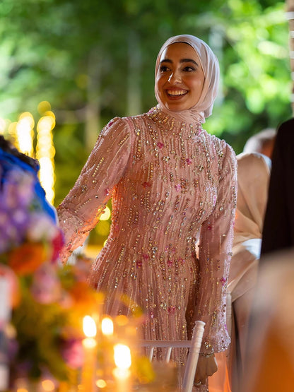 Luxury Pink Arabic Modest Muslim A-Line Crystal Beaded Evening Dress LA73363 - SERENE HILL
