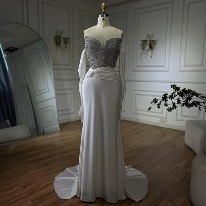 Luxury Dubai Elegant White Arabic Evening Gown with Crystal Beaded Dress and Gloves for Formal Occasion LA72758 - SERENE HILL