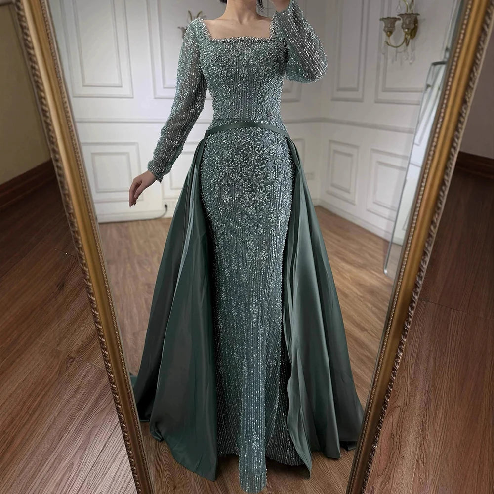 Luxury Dubai Arabic Muslim Caramel Mermaid Beaded Evening Gown with Overskirt LA72533A - SERENE HILL
