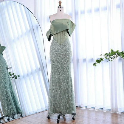 Sage Green Off Shoulder Tassel Beaded Mermaid Evening Dress LA73037 - SERENE HILL