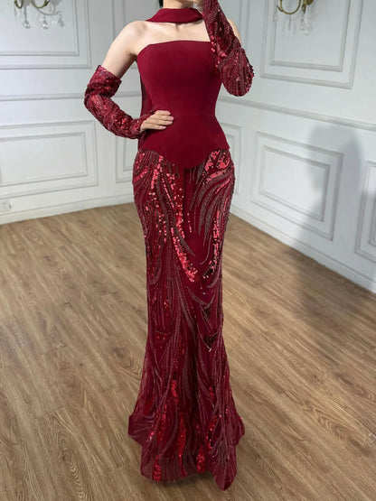 Luxury Wine Red Mermaid Evening Dress With Gloves LA73050E - SERENE HILL