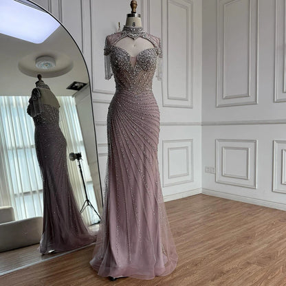 Luxury Pink Beaded Tassel Mermaid Evening Dress Long Gown LA73184 - SERENE HILL