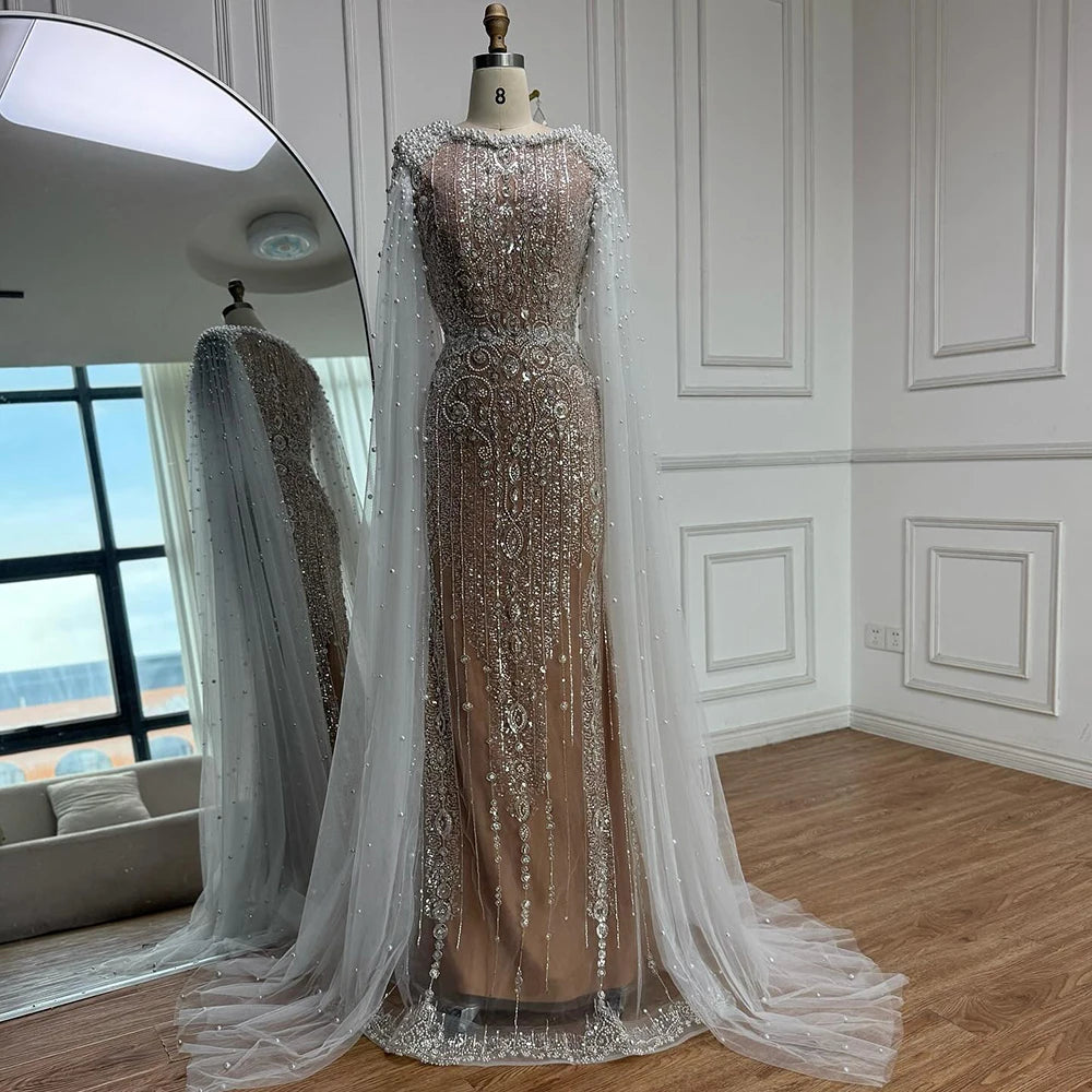 Luxury White Nude Mermaid Pearls Beaded Evening Dress with Cape Sleeves LA72444 - SERENE HILL
