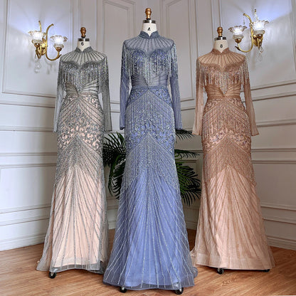 Luxury Blue Beaded Tassel Mermaid Evening Dress Dubai Style LA71986 - SERENE HILL