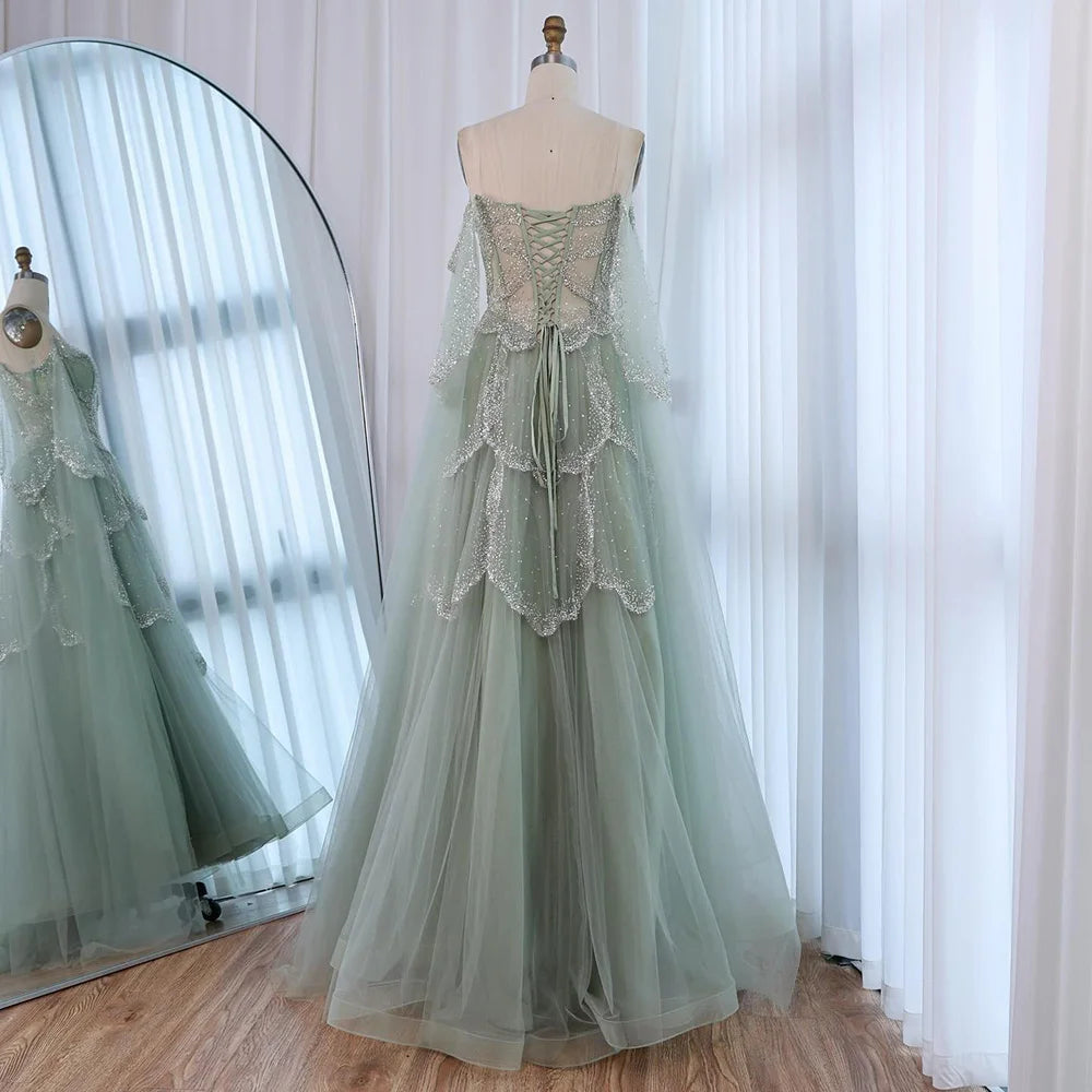 Luxury Arabic Sage Green Beaded A-Line Evening Dress with Cape LA72605A - SERENE HILL