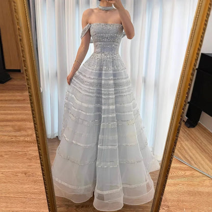 Luxury  Blue Cinderella Off Shoulder A-Line Beaded Evening Dress LA73079 - SERENE HILL