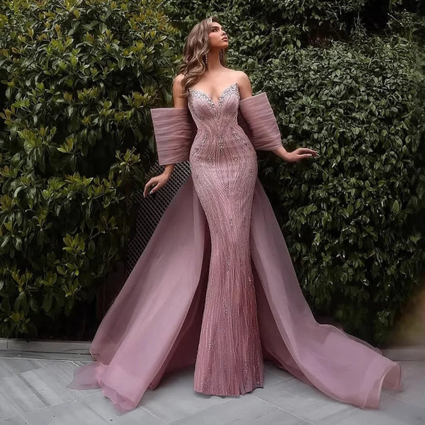 Luxury Designer Pink Mermaid Evening Dress with Big Bow LA73061