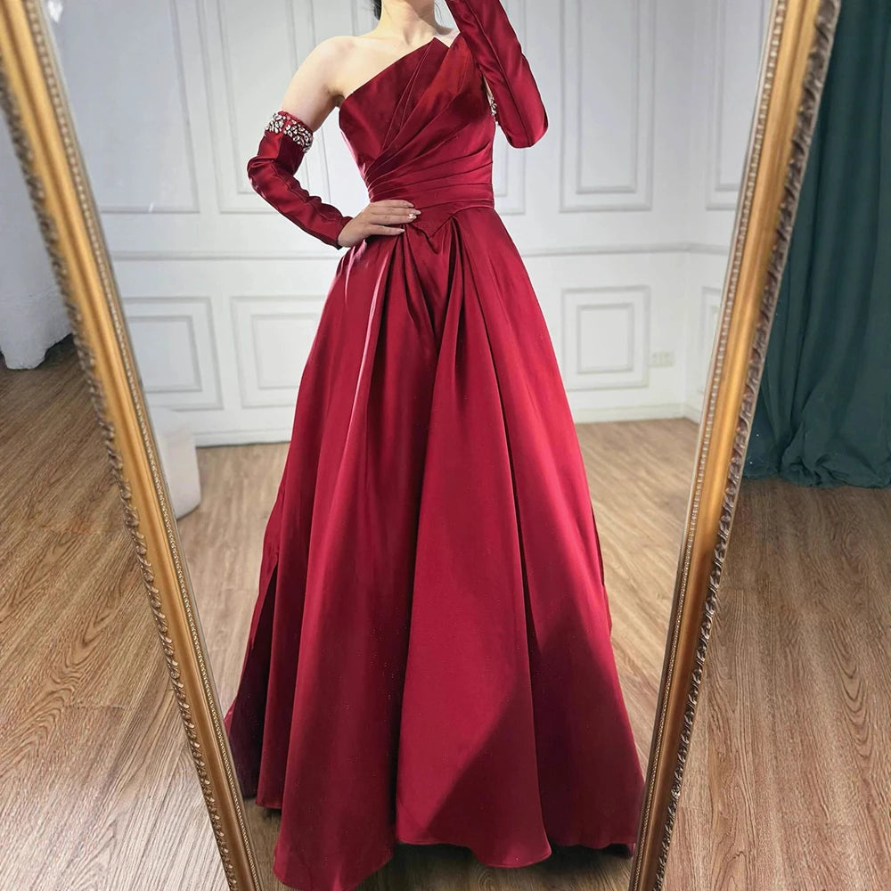 Luxury Black Satin One Shoulder Beaded A-Line Evening Dress LA72741 - SERENE HILL