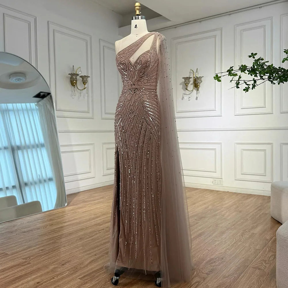 Luxury Caramel Beaded Mermaid Evening Dress with One Shoulder Cape LA73085 - SERENE HILL