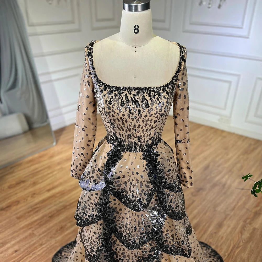 Luxury Black Nude Sequin Evening Dress with Long Sleeves LA72505B - SERENE HILL