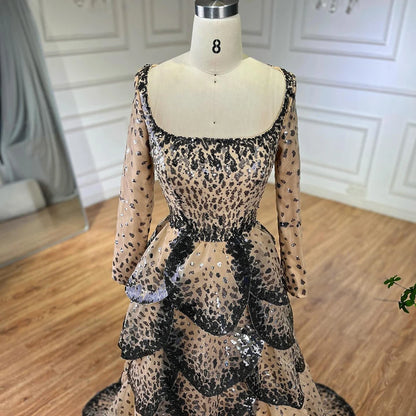 Luxury Black Nude Sequin Evening Dress with Long Sleeves LA72505B - SERENE HILL