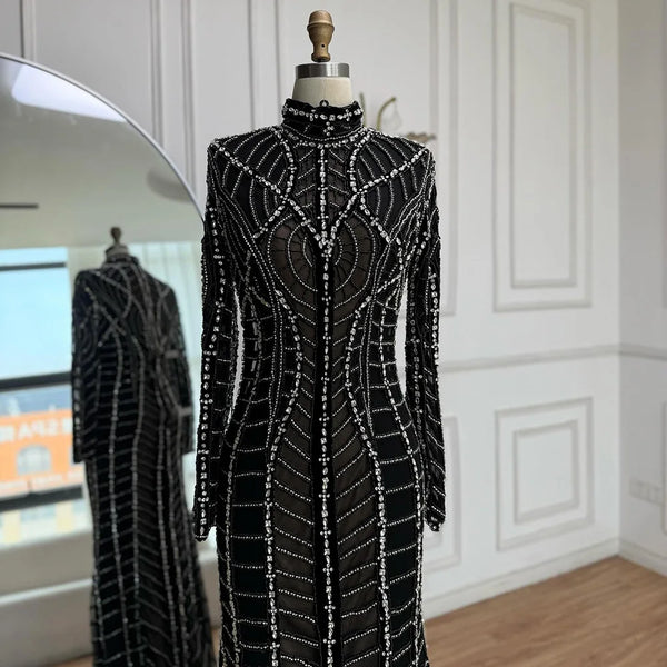 Muslim Luxury Black Beaded Saudi Arabic Mermaid Evening Dress LA72931