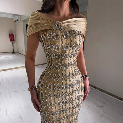 Luxury Gold Arabic Ruffles Evening Dress LA73362 - SERENE HILL
