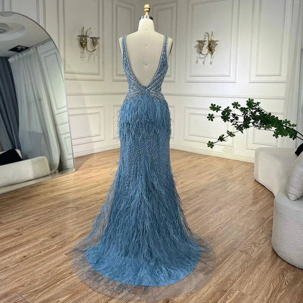 Serene Hill Gold Sexy High Split Mermaid Evening Dresses Gowns Backless Luxury Beaded Feather 2025 For Women Party LA71583 - SERENE HILL
