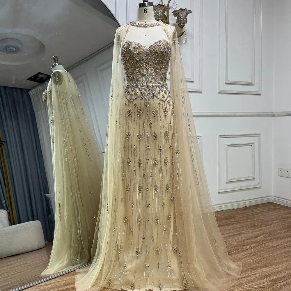 Luxury Dubai Nude Saudi Evening Gown Mermaid Detachable Cape Sleeves Luxury Beaded Dress for Formal Occasion LA72716 - SERENE HILL