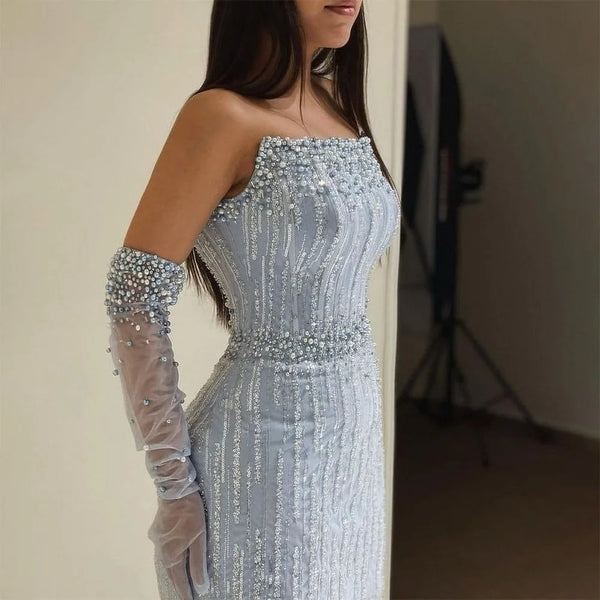 Light Blue Pearls Luxury Dubai Evening Dresses Elegant Strapless LA71950