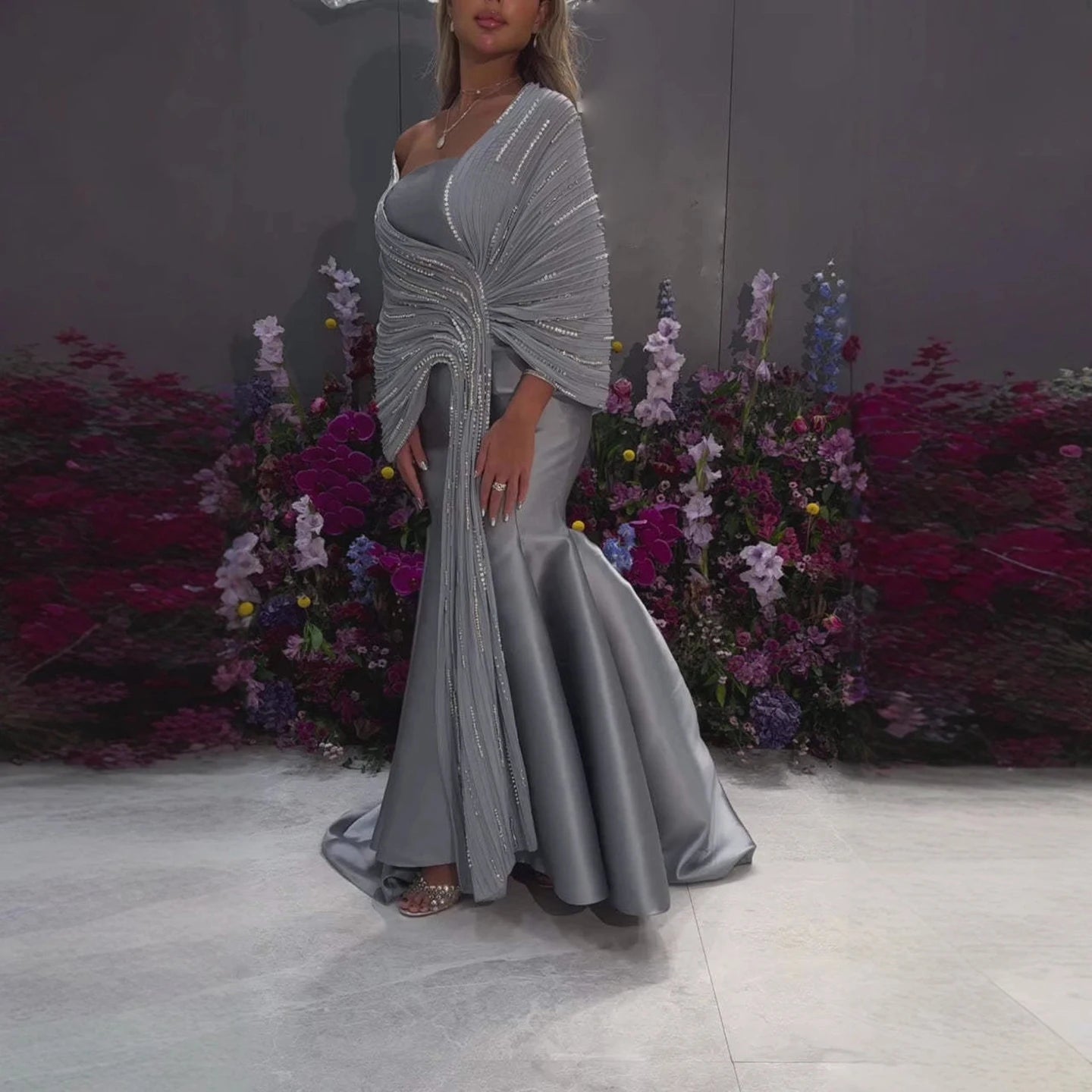 Luxury Dubai Grey Peach Arabic Evening Gown with Ruffles Shawl LA73270 - SERENE HILL