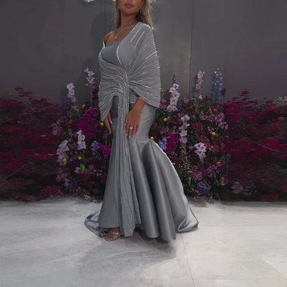 Luxury Dubai Grey Peach Arabic Evening Gown with Ruffles Shawl LA73270 - SERENE HILL