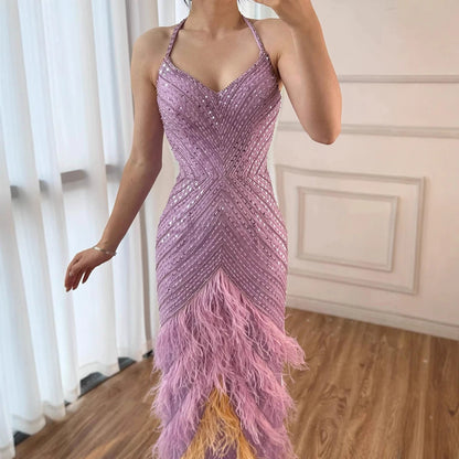 Lilac Feather Halter Mermaid Luxury Dubai Evening Dress LA72056 - SERENE HILL