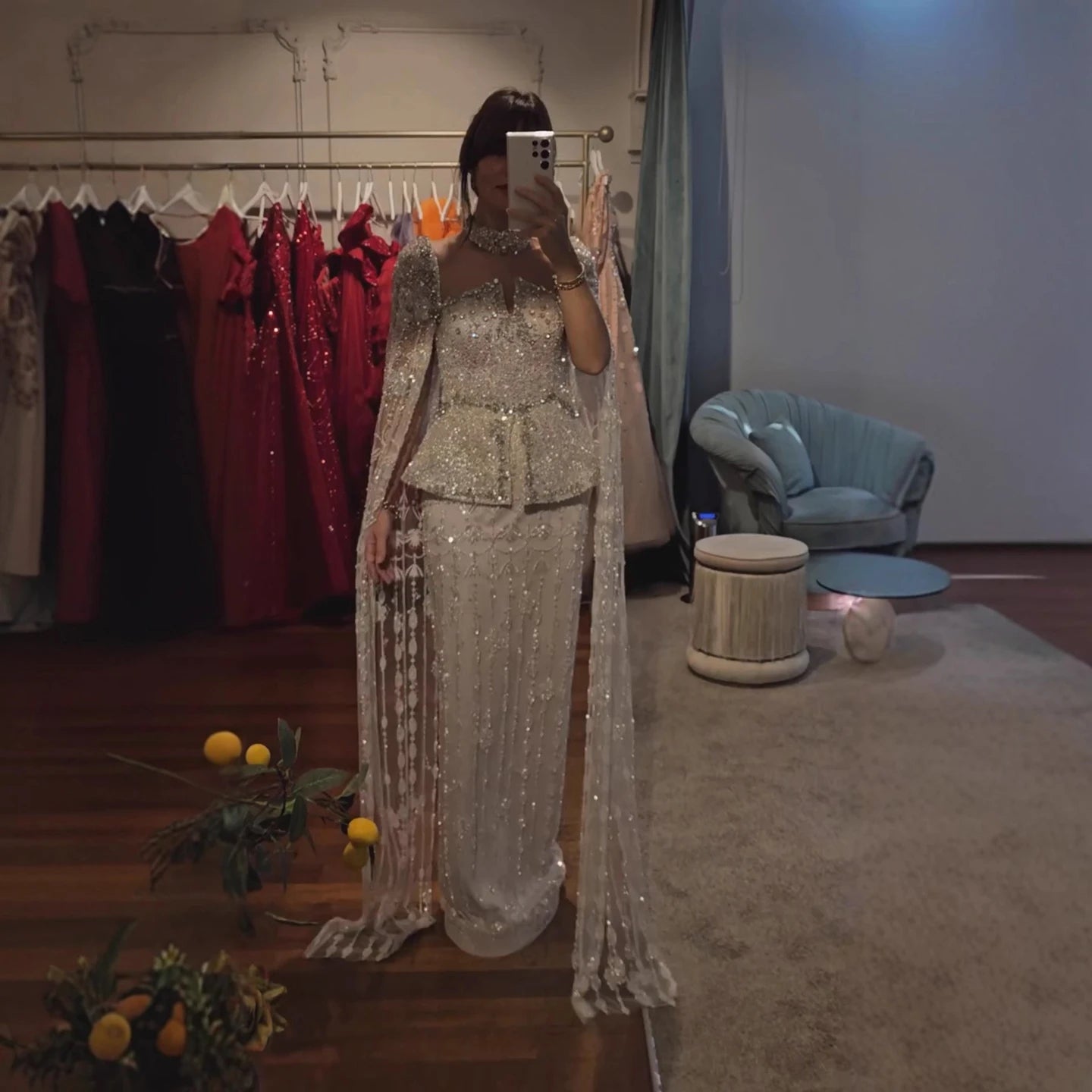 Luxury Silver Dubai Crystal Beaded Evening Dress with Cape LA73274 - SERENE HILL