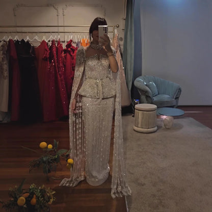 Luxury Silver Dubai Crystal Beaded Evening Dress with Cape LA73274 - SERENE HILL