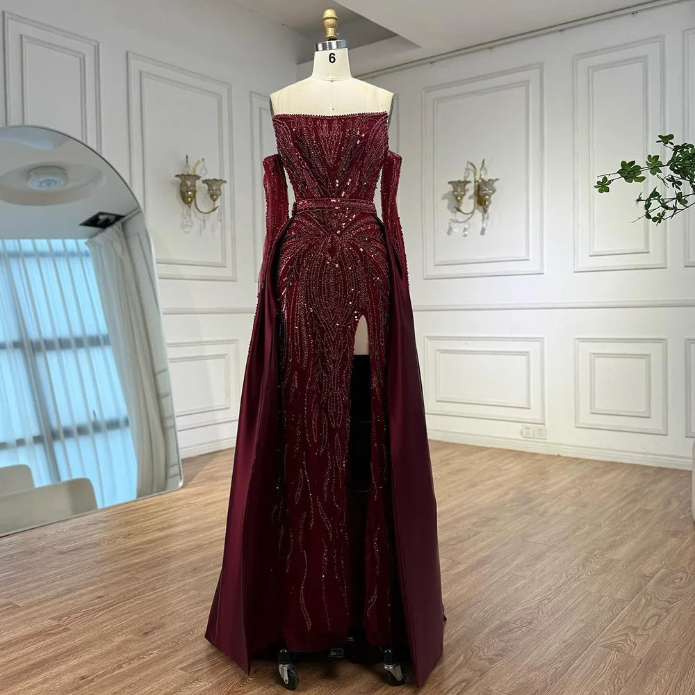 Luxury Wine Red Beaded Evening Dress Gown with Gloves and Overskirt LA72935 - SERENE HILL