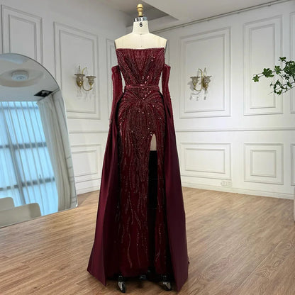 Luxury Wine Red Beaded Evening Dress Gown with Gloves and Overskirt LA72935 - SERENE HILL