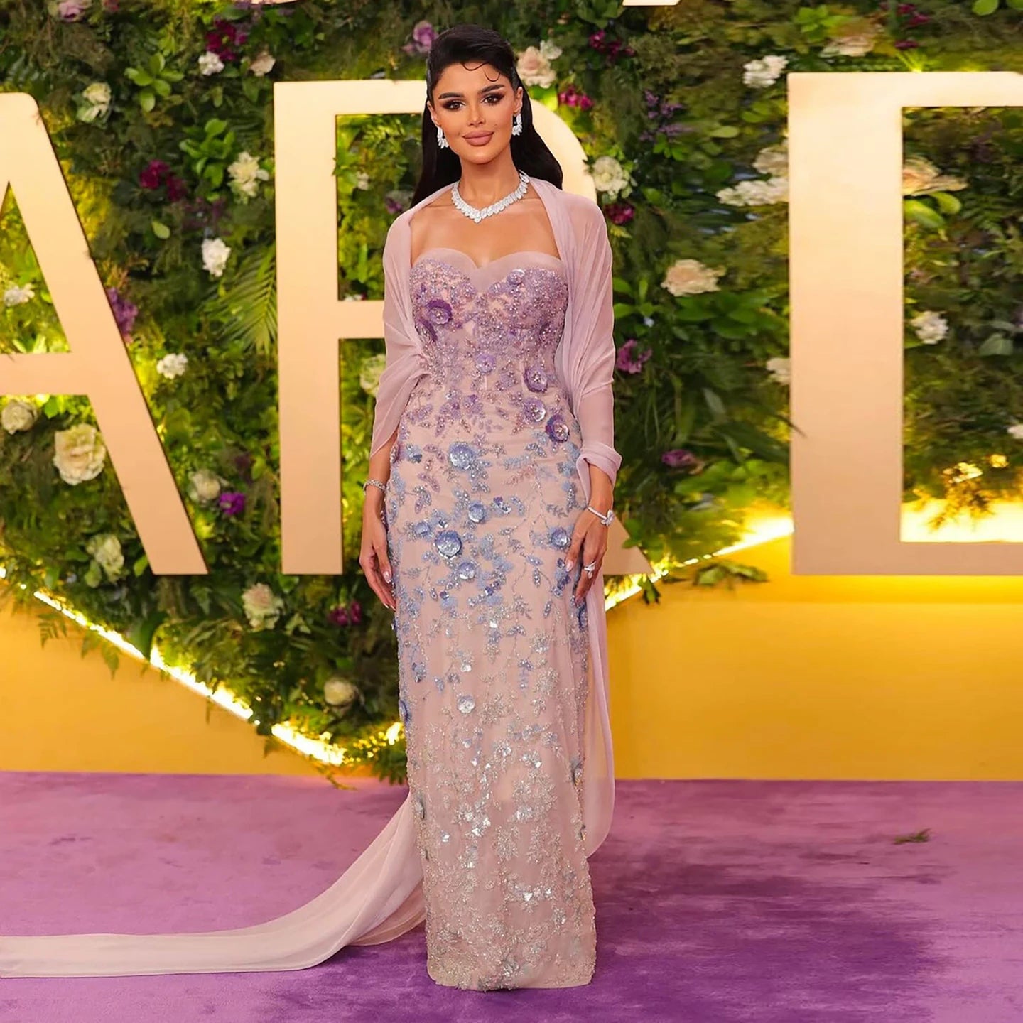 Luxury Lilac 3D Flower Evening Dress with Cape LA73345 - SERENE HILL