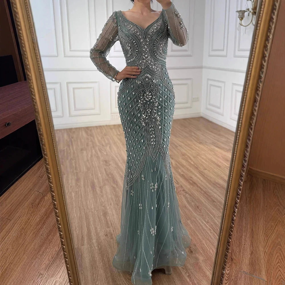 Luxury Nude Long Sleeve Beaded Mermaid Evening Dress LA73155 - SERENE HILL