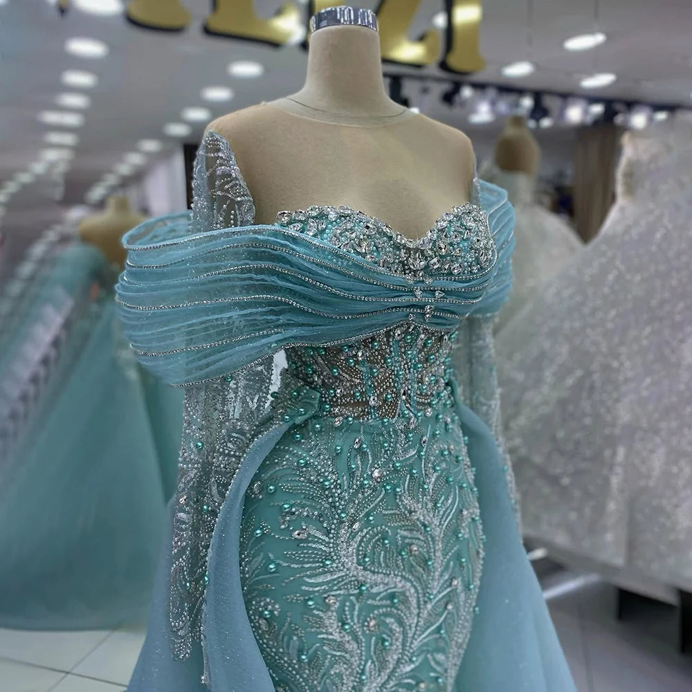 Luxury Blue Designer Evening Dress with Long Sleeves Overskirt LA72841 - SERENE HILL
