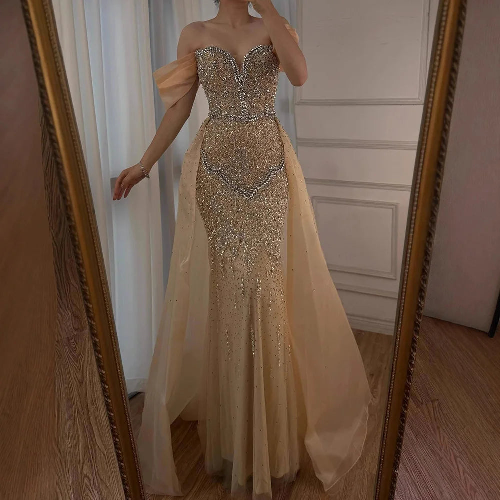 Luxury Nude Beaded Mermaid Evening Dress With Overskirt LA72879 - SERENE HILL