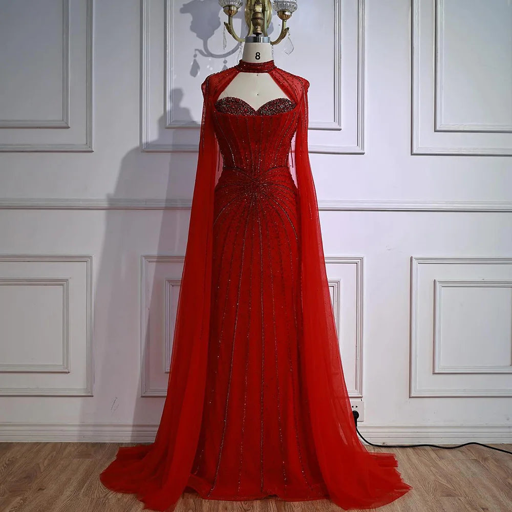 Nude Luxury Beaded Mermaid Evening Gown with Cape Sleeves LA72811A - SERENE HILL