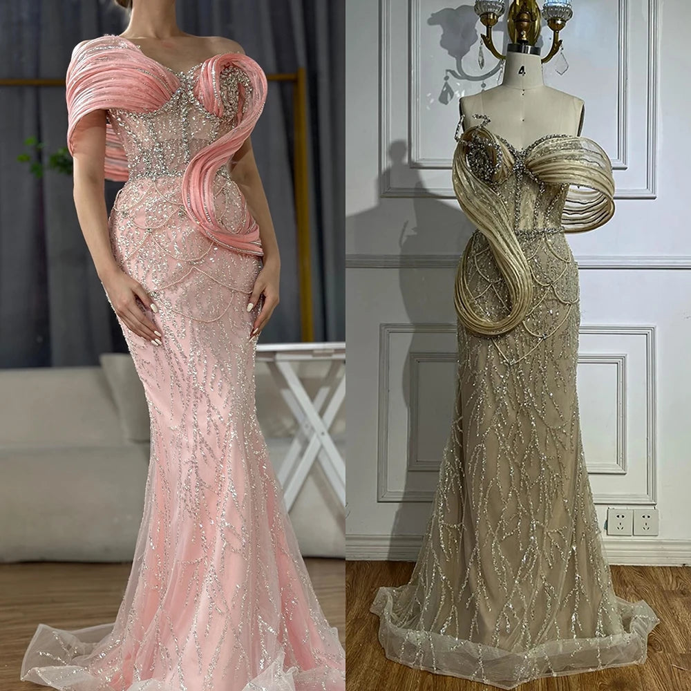 Pink One-Shoulder Luxury Beaded Cut Out Mermaid Evening Dress LA72455 - SERENE HILL