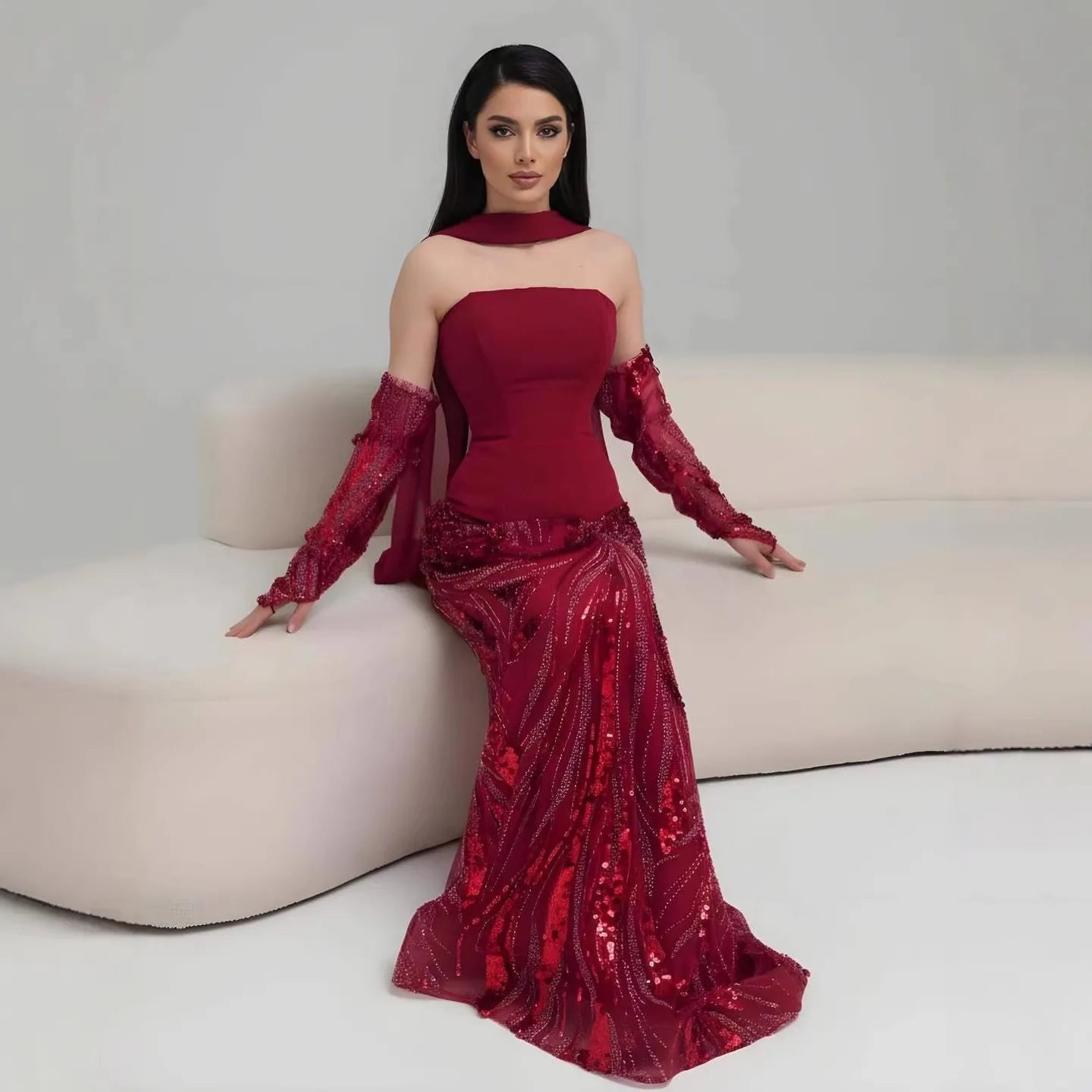 Luxury Wine Red Mermaid Evening Dress With Gloves LA73050E - SERENE HILL